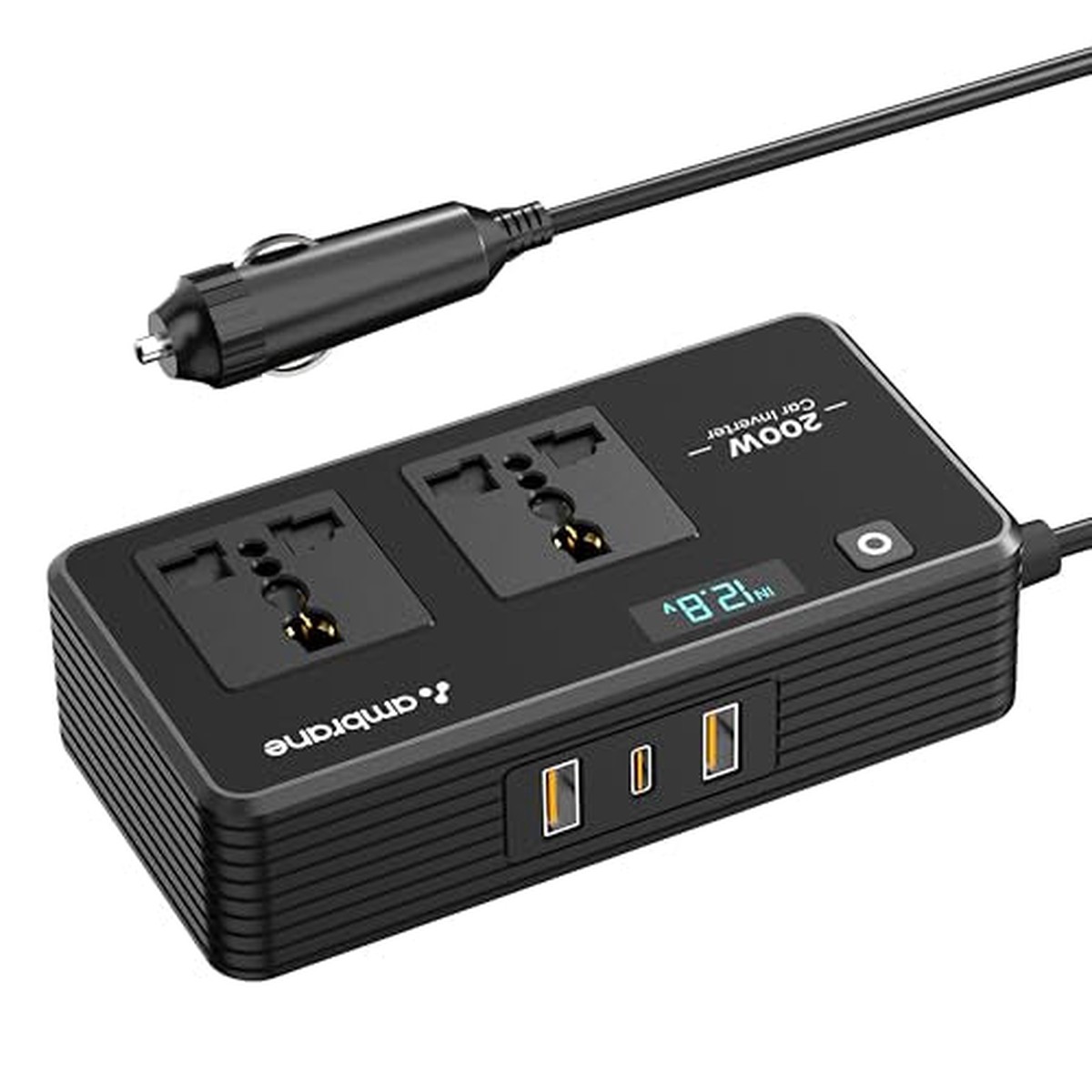 Ambrane 200W Car Power Inverter/Laptop Charger, Charge 5 Devices, 1 Type C 33W Pd, 2 Usb 22.5W Qc, 2 Ac Universal Outlets, Safe