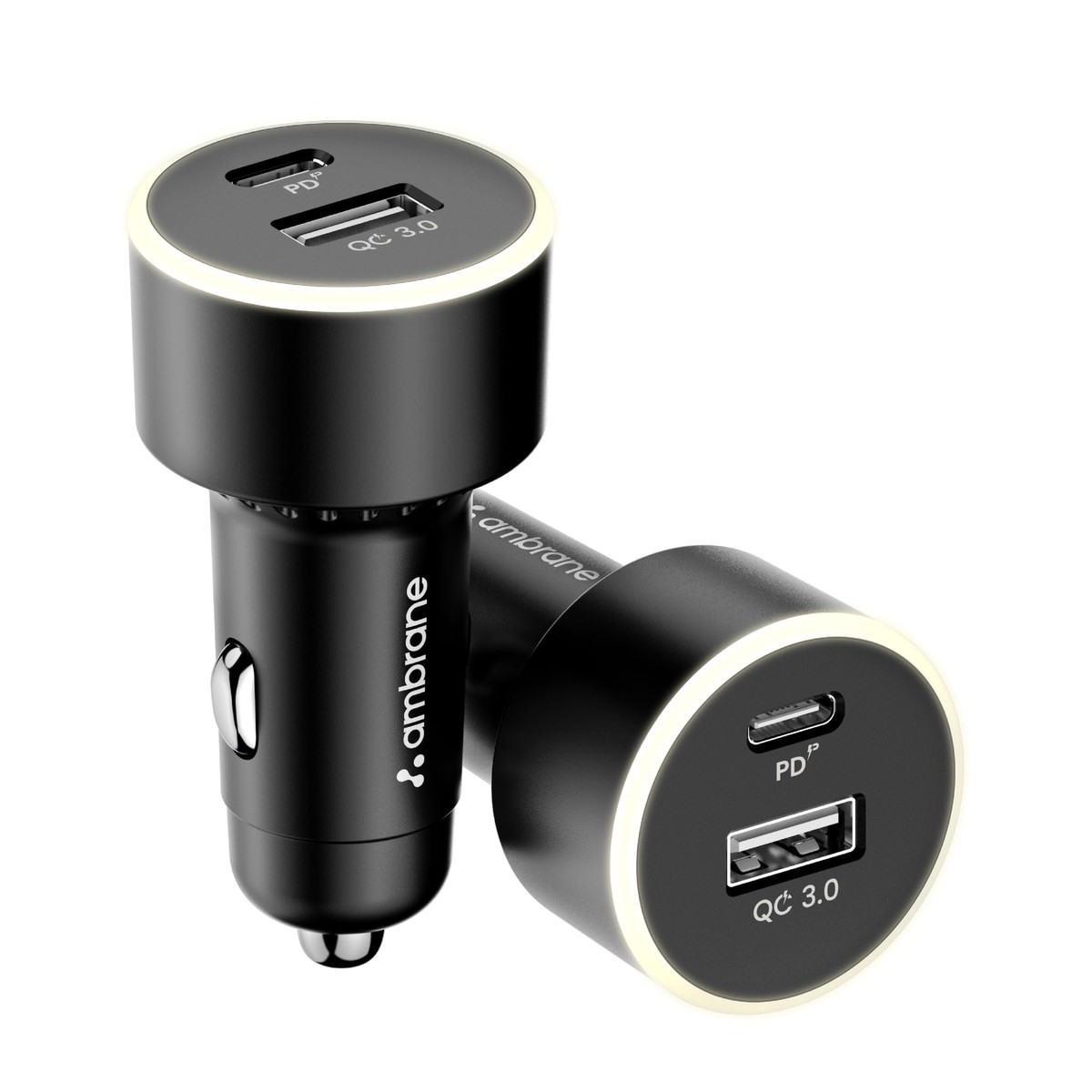 Ambrane 85W Car Charger, Mobile & Laptop Charging (MacBook & Type C Laptops), Glowing Light, Dual Port Fast Charging, 65W Type C