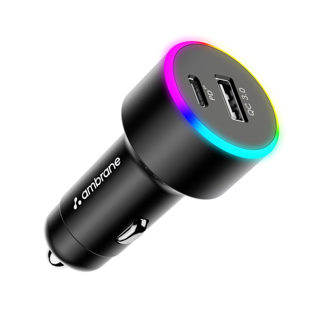 Ambrane 85W Car Charger, Mobile & Laptop Charging (Macbook & Type C Laptops), RGB Light, Dual Port Fast Charging, 65W Type C PD,