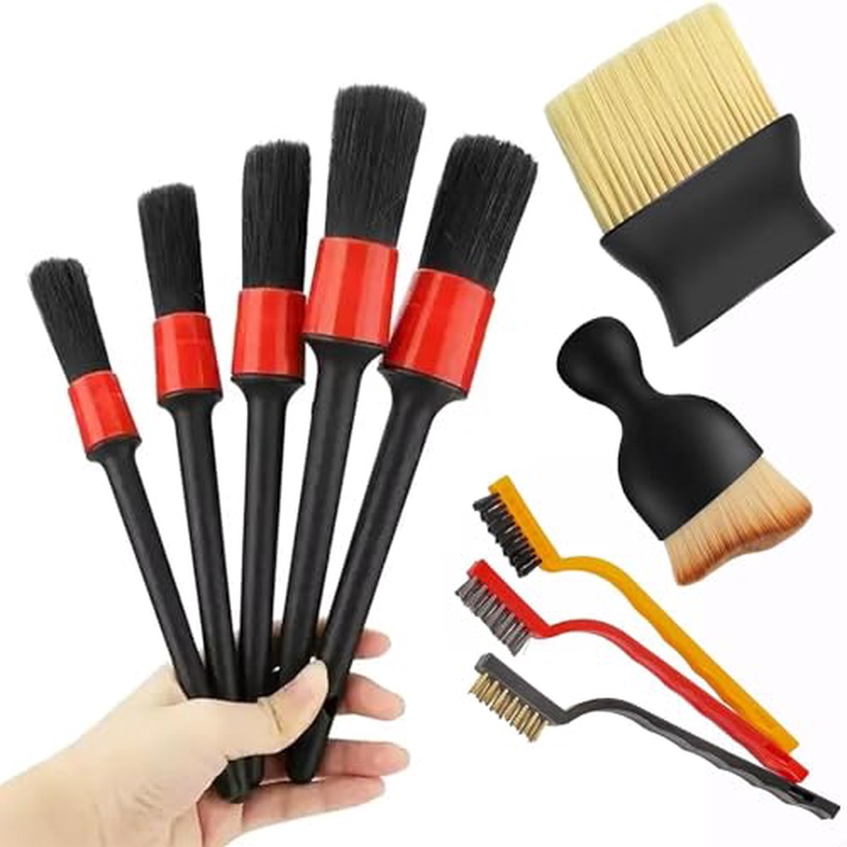 Car Auto Detailing Brush Set,Car Interior Cleaning Kit,Including 5Pcs Car Detailing Brushes, 3Pcs Wire Brush And 2Pcs Different