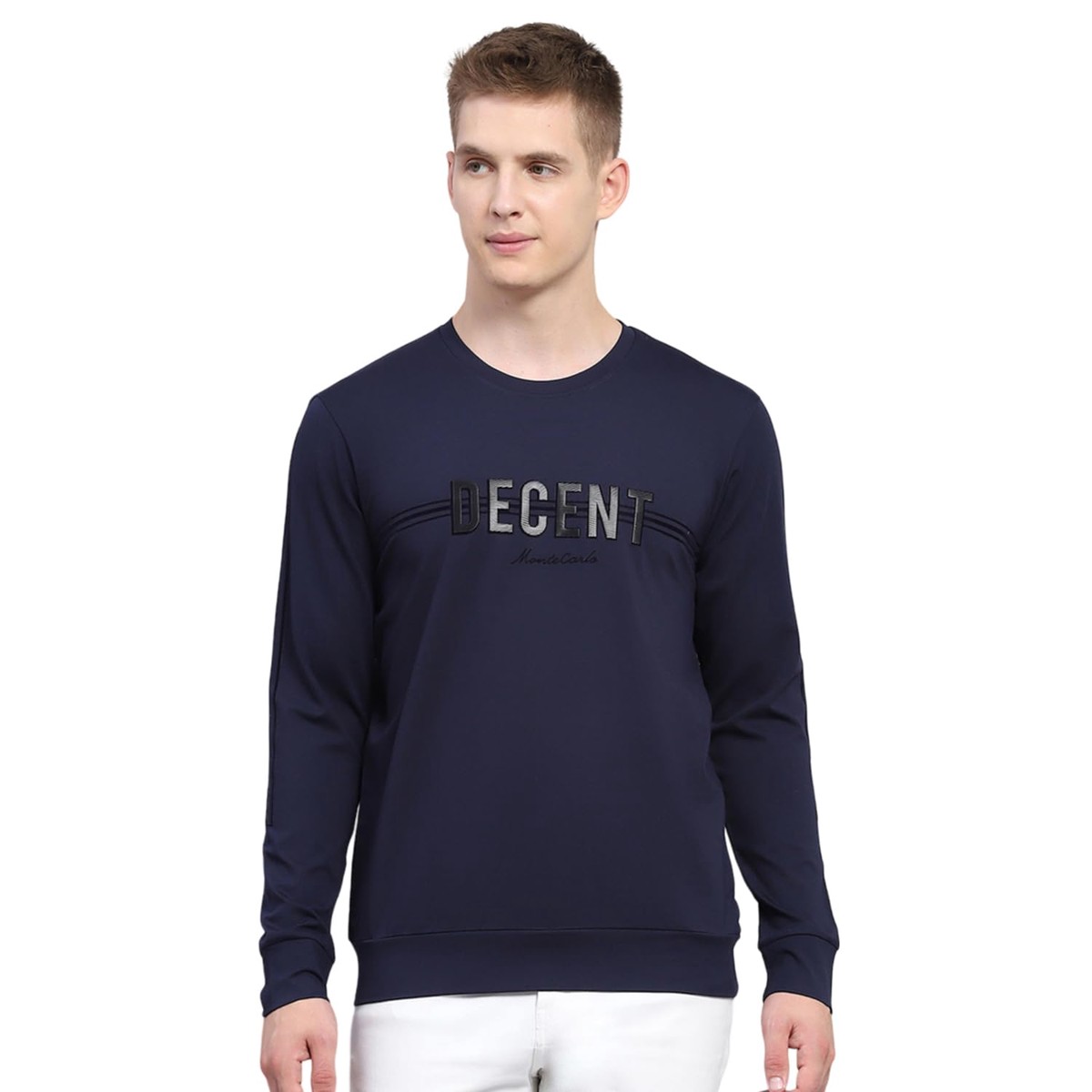 Monte Carlo Mens Printed Navy Blue Round Neck Full Sleeve TShirt