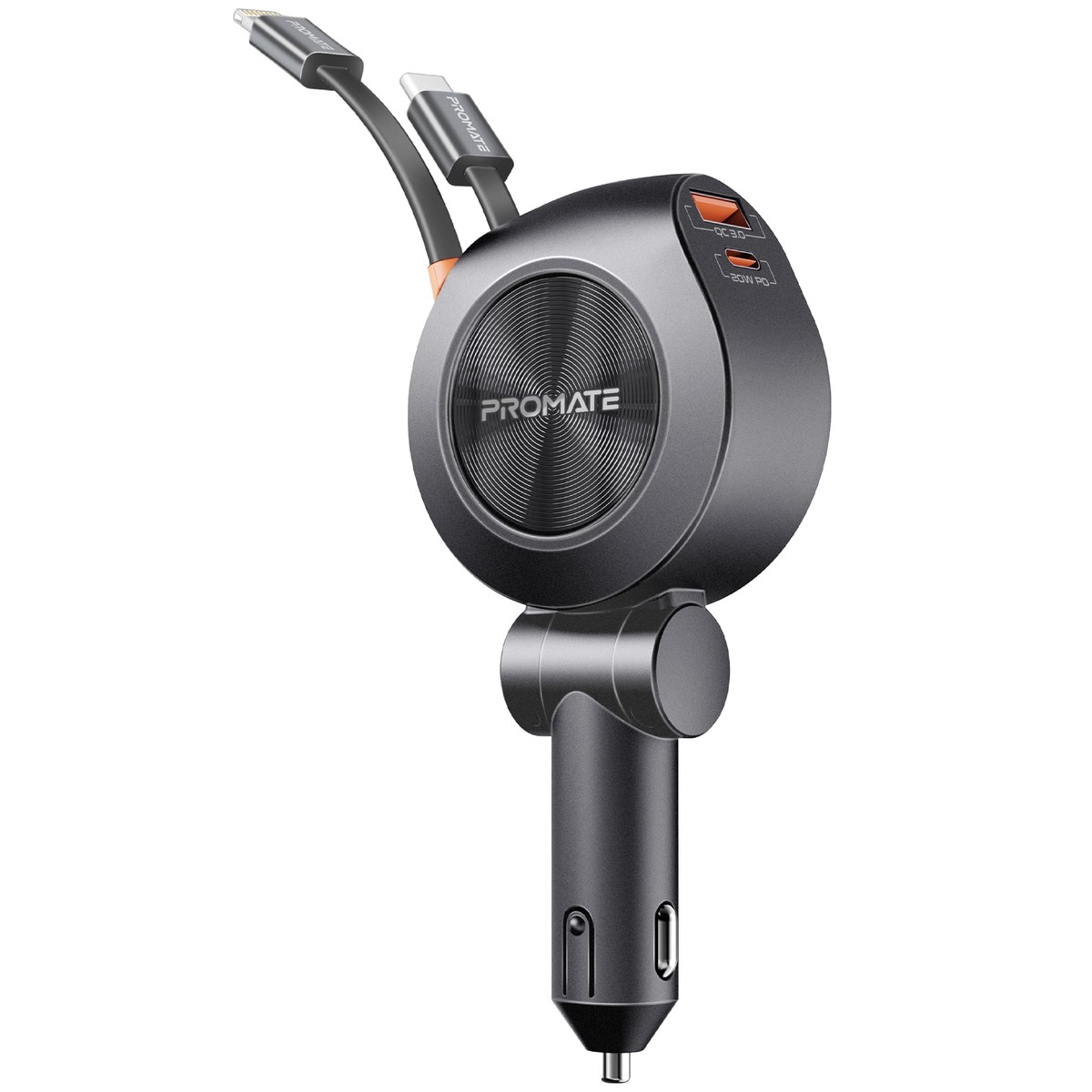 Promate MultiPort Car Charger with Retractable PD30W USBC and PD20W Lightning Cables, 20W USBC, 18W Quick Charge Ports, Heat