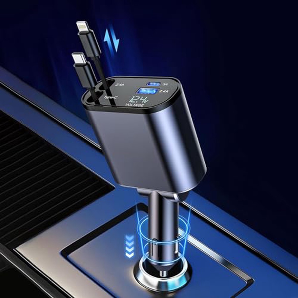 Zurato Retractable Car Charger 4 In 1 Super Fast Car Charger, 120W, 2 Usb Ports Car Adapter Retractable Cables (31.5 Inch), Char