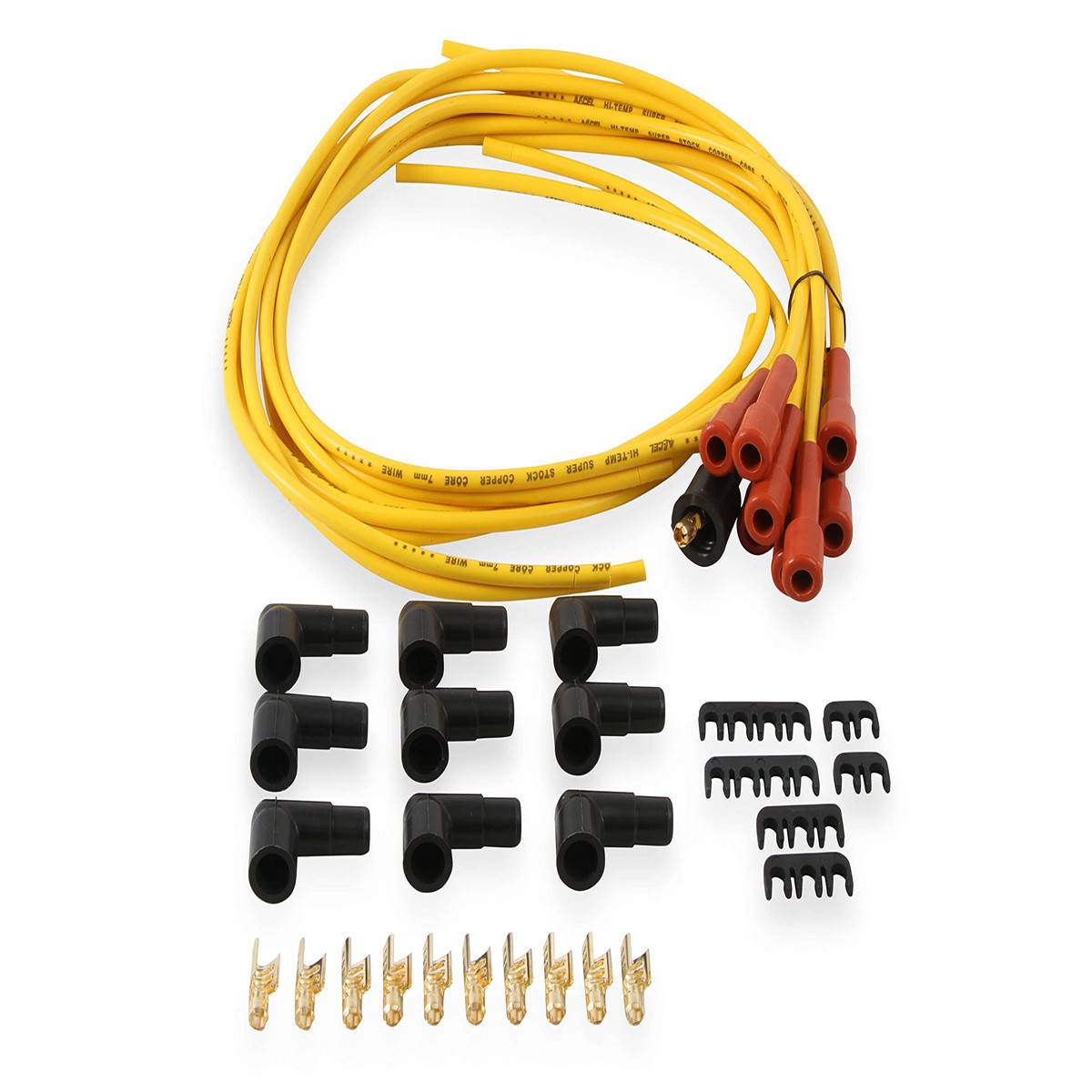 ACCEL 3008 Spark Plug Wire Set - 7mm - Super Stock with Copper Core - Universal Straight Boots - Yellow