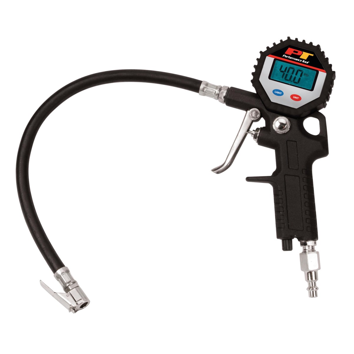 Performance Tool M525 Digital Tire Pressure Gauge, Straight Lock-On Air Chuck, LCD Backlit Screen, Digital Tire Inflator with ho
