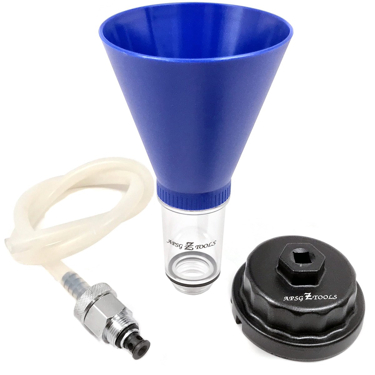 APSG Automotive Engine Oil Funnel + Oil Filter Wrench + Drain Hose | Compatible with Toyota Lexus Scion Vehicles | No-Spill Oil