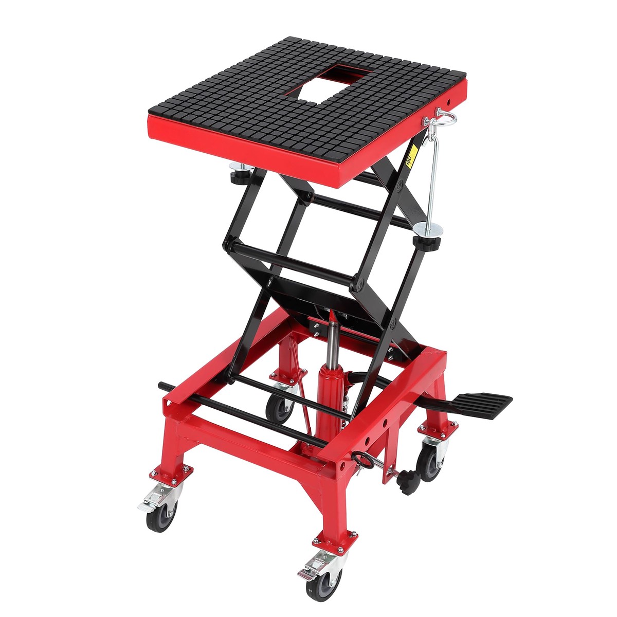 Hydraulic Motorcycle Lift Jack, 350 LBS Capacity Foot-Operated Scissor Jack with Wide Deck & Locking Wheels for Motorcycle, ATV