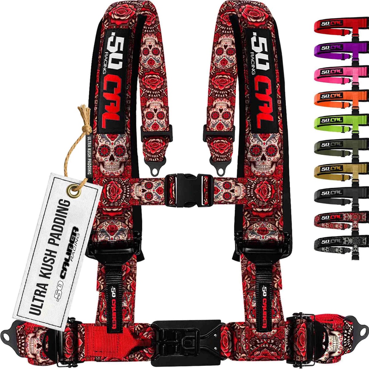 1pc Red Sugar Skull 4 Point Harness for Bucket Seat, 3in Belt, Quick Release, 10 Color Options, Racing Harness UTV RZR Car [6317