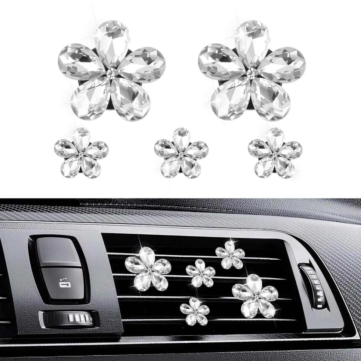 5PCS Crystal Daisy Car Vent Clips,Stylish Air Vent Clips as New Driver Gifts & Car Decorations Interior,Large & Small Cars Clip