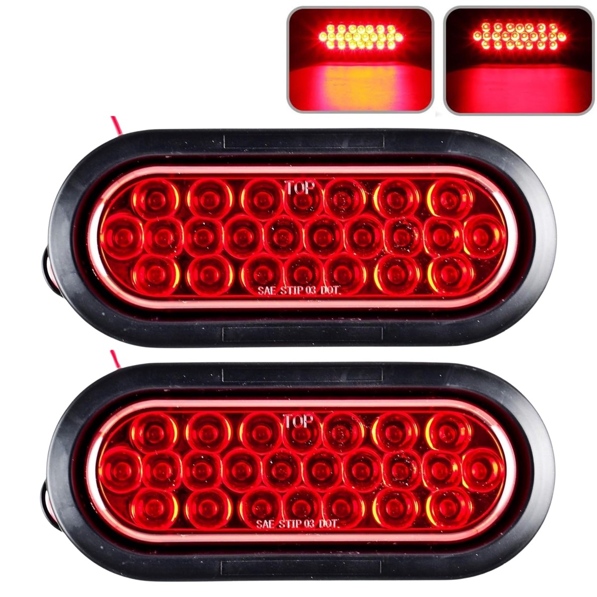 [2x Red] 4 Round 24 LED Trailer Tail Light Stop Turn Tail Parking Signal Brake Marker Running Lights 3 Wire Pigtail Plug Trucks