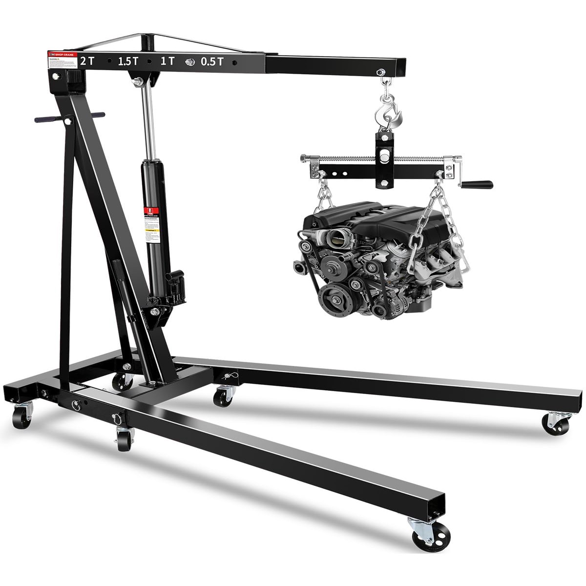 2 Ton Hydraulic Engine Hoist Crane with Lever, Folding Heavy-Duty Cherry Picker with 6 Locking Wheels & 4 Boom Positions, for Tr