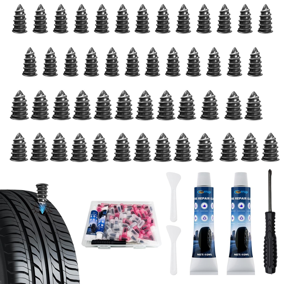 Tire Repair Rubber Nails Kit, 50 PCS Screw in Tire Repair Plugs Kit with 2 Sizes, Portable Emergency Tubeless Tire Repair Kit fo