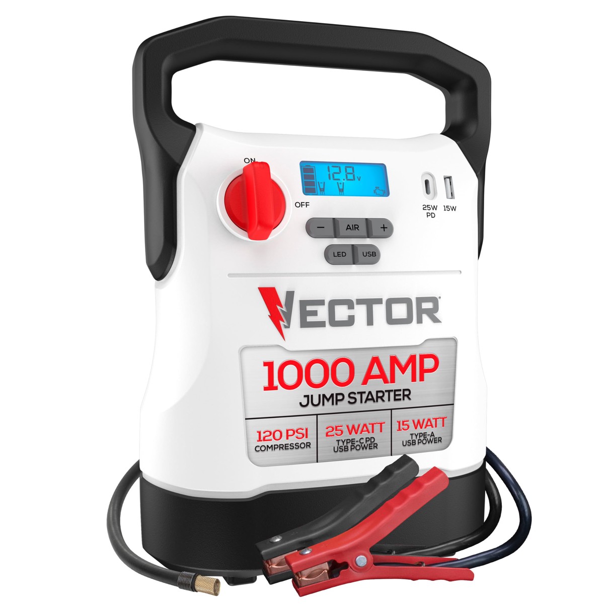 Vector VECJ1C 1000 Peak Amp Jump Starter with 120 PSI Compressor & USB-C & USB-A Power