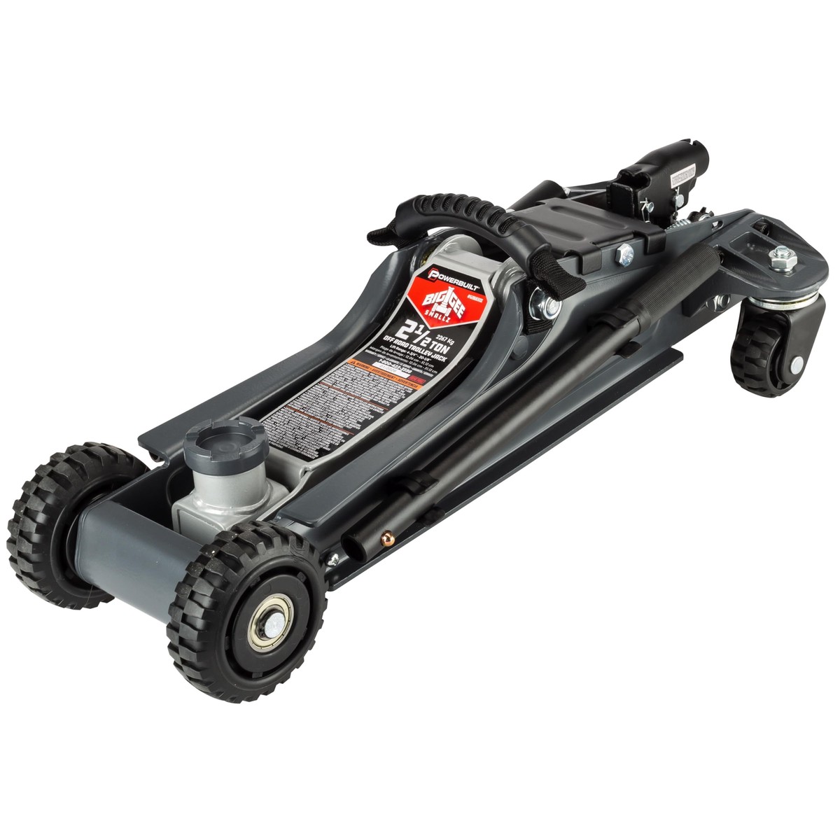Powerbuilt Biggie Smalls 2.5-Ton Off-Road Trolley Jack with 4 Oversized Wheels, Saddle Extension, Integrated Handle Storage, Por