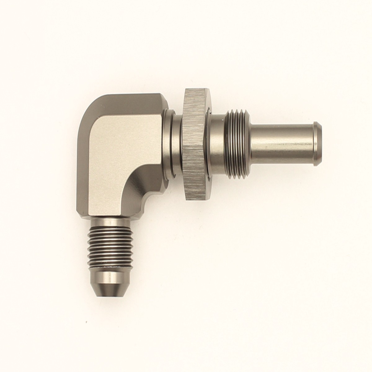 DeatschWerks 6-02-0712 6AN Male Flare to 5/16 inch Male Barb Bulkhead Adapter 90-Degree with Nut