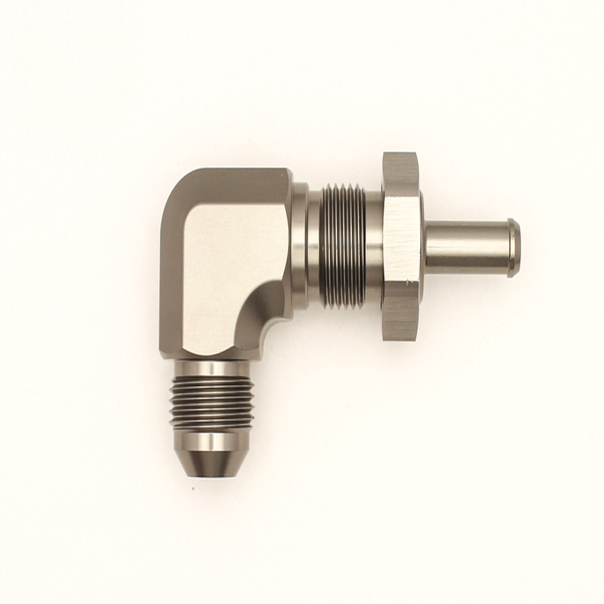 DeatschWerks 6-02-0713 8AN Male Flare to 5/16 Inch Male Barb 90-Degree Bulkhead Adapter with Nut
