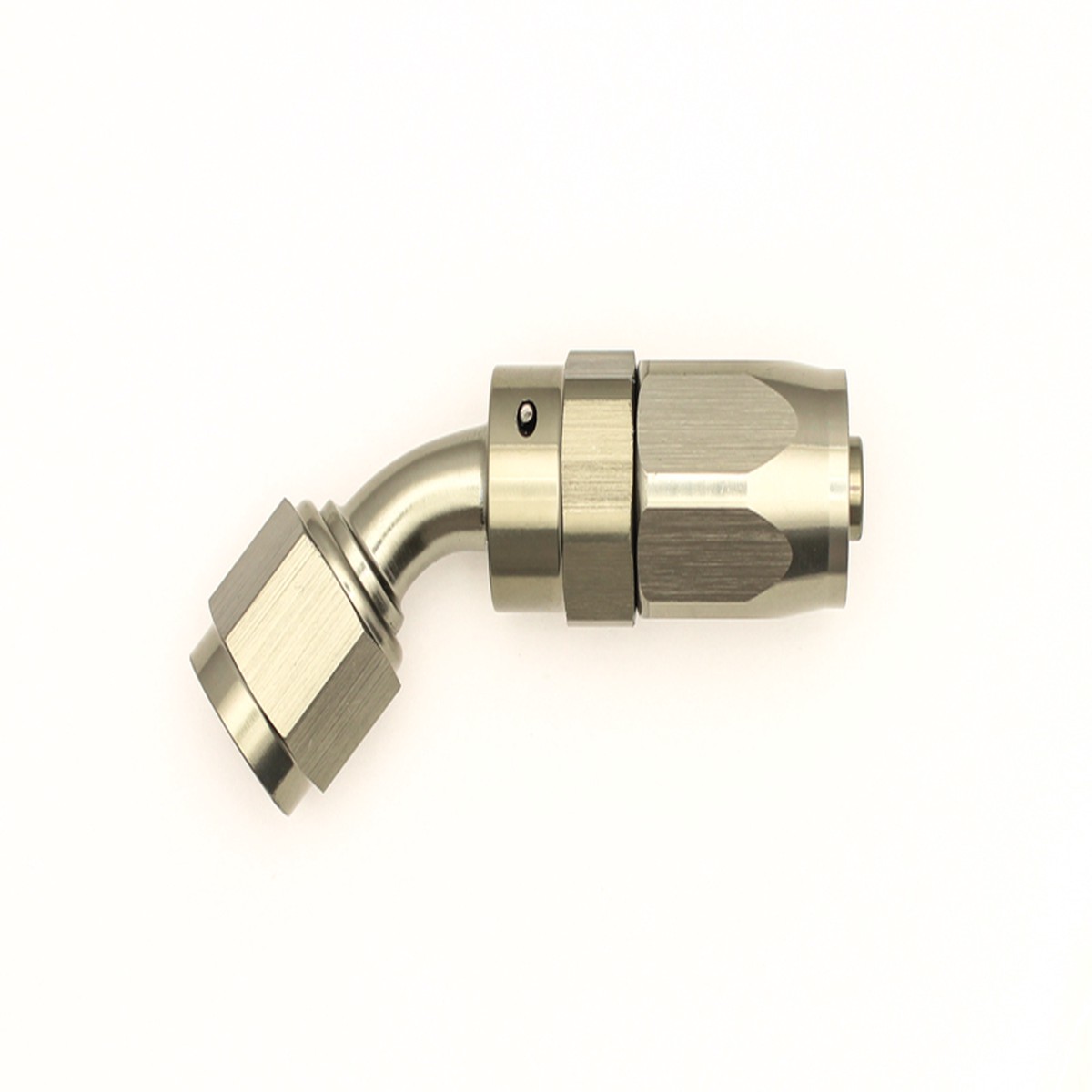DeatschWerks 6AN Female Swivel 45-Degree Hose End CPE  Anodized DW Titanium High-Performance Fuel Fitting